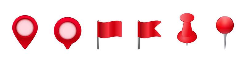 Set of red map pins and flags for location and navigation vector