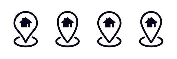Four house-shaped location icons in simple black design with circular bases vector