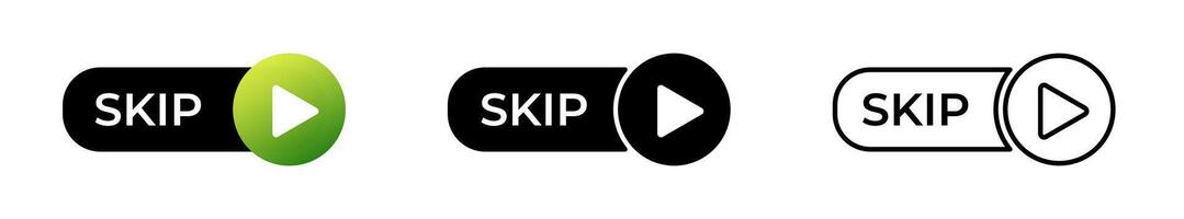 Three different skip button designs show play icon in various styles and color variations vector
