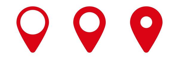 Three red map markers in simple design with varying styles and solid circular centers vector
