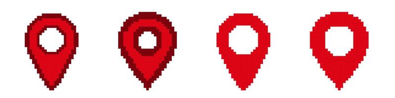 Pixel art red location pins in various sizes and styles show simple digital design elements vector