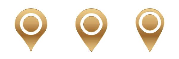 Three golden map pointer icons in a horizontal alignment with circular design elements vector