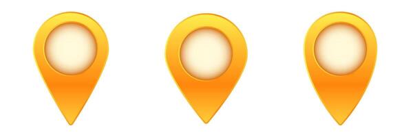 Three orange location markers aligned in a row for navigation and map pinpointing vector