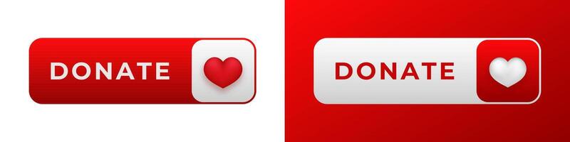 Donate button with heart icon in two red and white design variations for charity websites vector