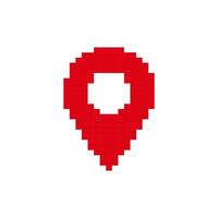 Pixel art red location pin appears bright and recognizable in classic map symbol form vector