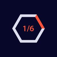Hexagon icon with fractional text showing one over six in bold red and white colors vector