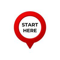 Red circular pointer icon with start here text in bold black letters vector