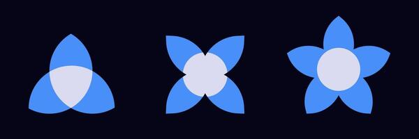 Three blue geometric logos with unique petal shapes in minimalist abstract style design vector