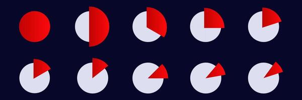 Ten red and gray circle segments showing progress in evenly spaced increments against dark vector