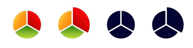 Colorful and black pie chart icons representing three equal sections in different colors vector