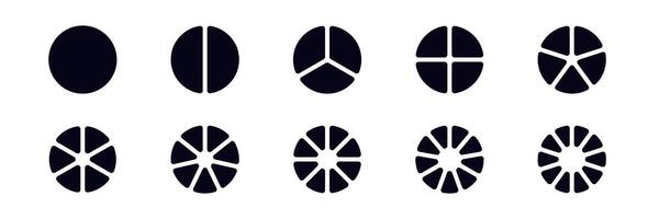 Circular chart icons with divided segments in varied styles and configurations vector