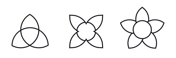 Three geometric shapes with curved lines and intersecting patterns in black outline vector