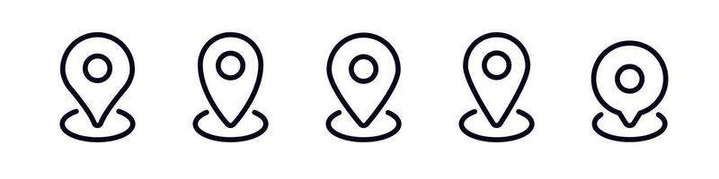 Five simple location markers aligned in a row for maps or navigation icon design vector