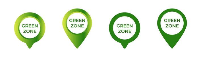 Four green zone location markers with circular and drop pin shapes on white space vector
