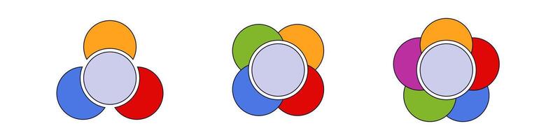 Circular designs with multicolored overlapping shapes in simple geometric patterns vector