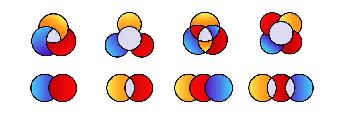 Colorful venn diagram set with overlapping circles in various combinations and arrangements