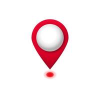 Red location pin icon with white circle center and shadow indicating point of interest vector