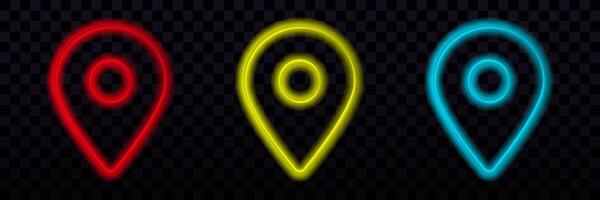 Colorful neon map pins in red yellow and blue showing glowing location markers vector