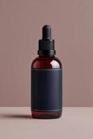 Amber dropper bottle mockup with blank label on minimalist background photo
