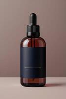 Amber dropper bottle mockup with black label on minimal background photo