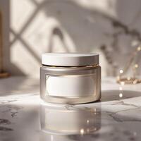 Premium cosmetic cream jar mockup reflecting on marble table photo