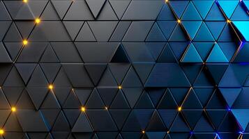 Abstract geometric pattern of black and blue triangles with glowing lights in a modern design photo