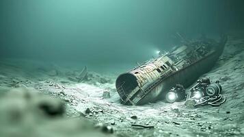 Abandoned shipwreck resting on the ocean floor, illuminated by submersible lights, with marine life in the background photo