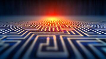 Abstract close-up of a complex maze pattern with glowing elements, creating a futuristic vibe photo