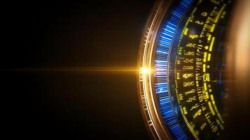 Abstract close-up of a futuristic digital display with glowing elements and a lens flare effect photo