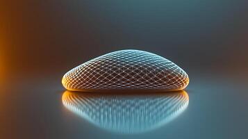 Abstract 3D shape with glowing edges, reflecting light on a smooth surface in a minimalist setting photo