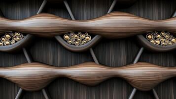 Abstract close-up of intertwined wooden textures with golden spheres, showcasing intricate patterns photo