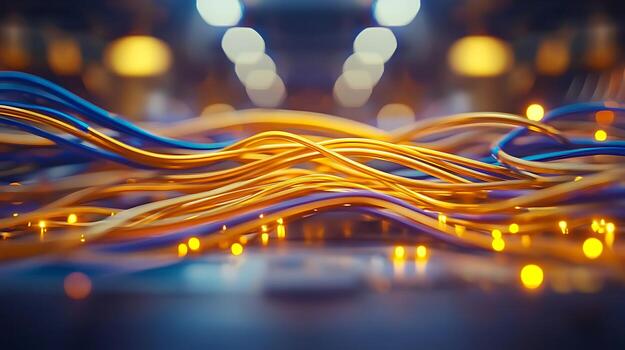 Abstract close-up of colorful wires intertwined, glowing softly, in a tech environment with blurred lights photo