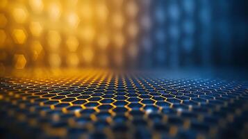 Abstract close-up of a hexagonal grid pattern with warm and cool color gradients photo