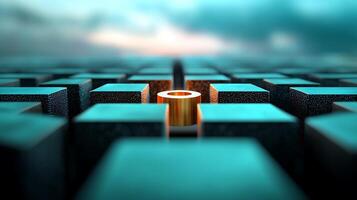Abstract close-up of a golden cylinder surrounded by textured teal blocks under a cloudy sky photo