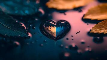 Heart-shaped water droplet on colorful leaves, reflecting vibrant hues in a serene setting photo