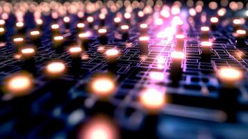 Abstract view of illuminated circuit board with glowing lights, showcasing technology and innovation photo