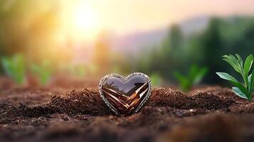 Heart-shaped object resting in soil with seedlings, illuminated by a warm sunset glow photo