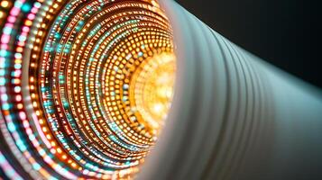 Abstract view of a glowing tunnel made of colorful lights, showcasing vibrant patterns and depth photo
