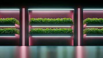 Indoor vertical garden with illuminated shelves showcasing lush greenery in a modern setting photo