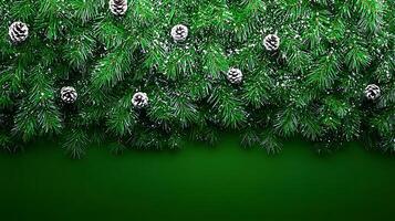 Lush green pine branches adorned with pine cones and a dusting of snow against a dark background photo