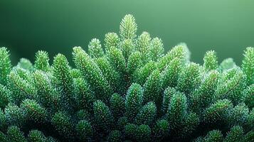 Lush green coniferous foliage showcasing intricate needle patterns in a serene, blurred background photo