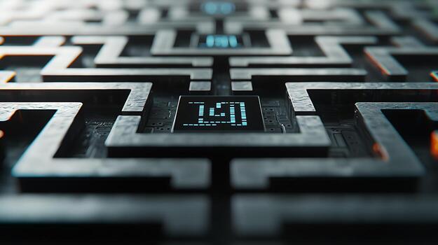 Intricate maze design with glowing pathways and digital elements, showcasing technology in a futuristic setting photo