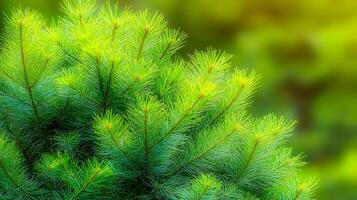 Lush green pine branches with vibrant needles against a soft blurred background of nature photo
