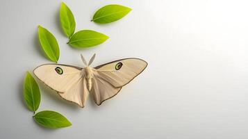 Large pale moth resting on vibrant green leaves against a soft gradient background photo
