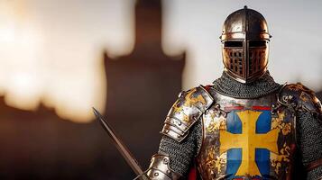 Knight in shining armor stands proudly with a sword against a blurred medieval castle backdrop photo