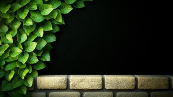 Lush green leaves cascading over a textured stone wall against a dark background, ideal for nature themes photo