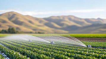 Lush green fields with irrigation system in a rural landscape under a clear blue sky photo