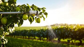 Irrigation system watering apple trees in a lush orchard under a bright sunset sky photo