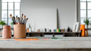 Art studio workspace featuring paintbrushes in a jar and colorful art supplies on a table photo