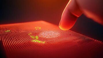 Close-up of a finger touching a glowing, textured surface with vibrant colors and intricate patterns photo
